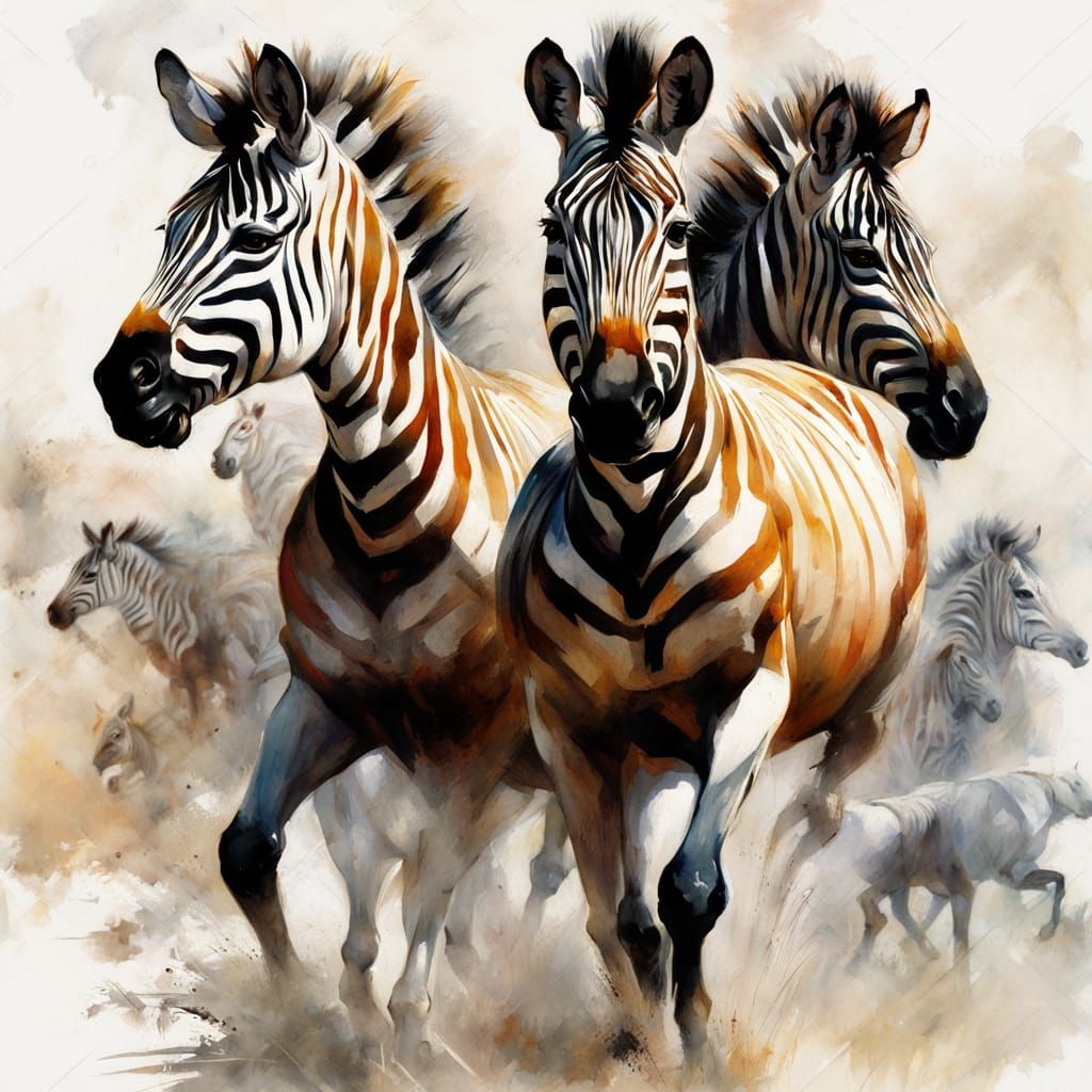 Zebras Galloping Across African Plains: Painterly Style