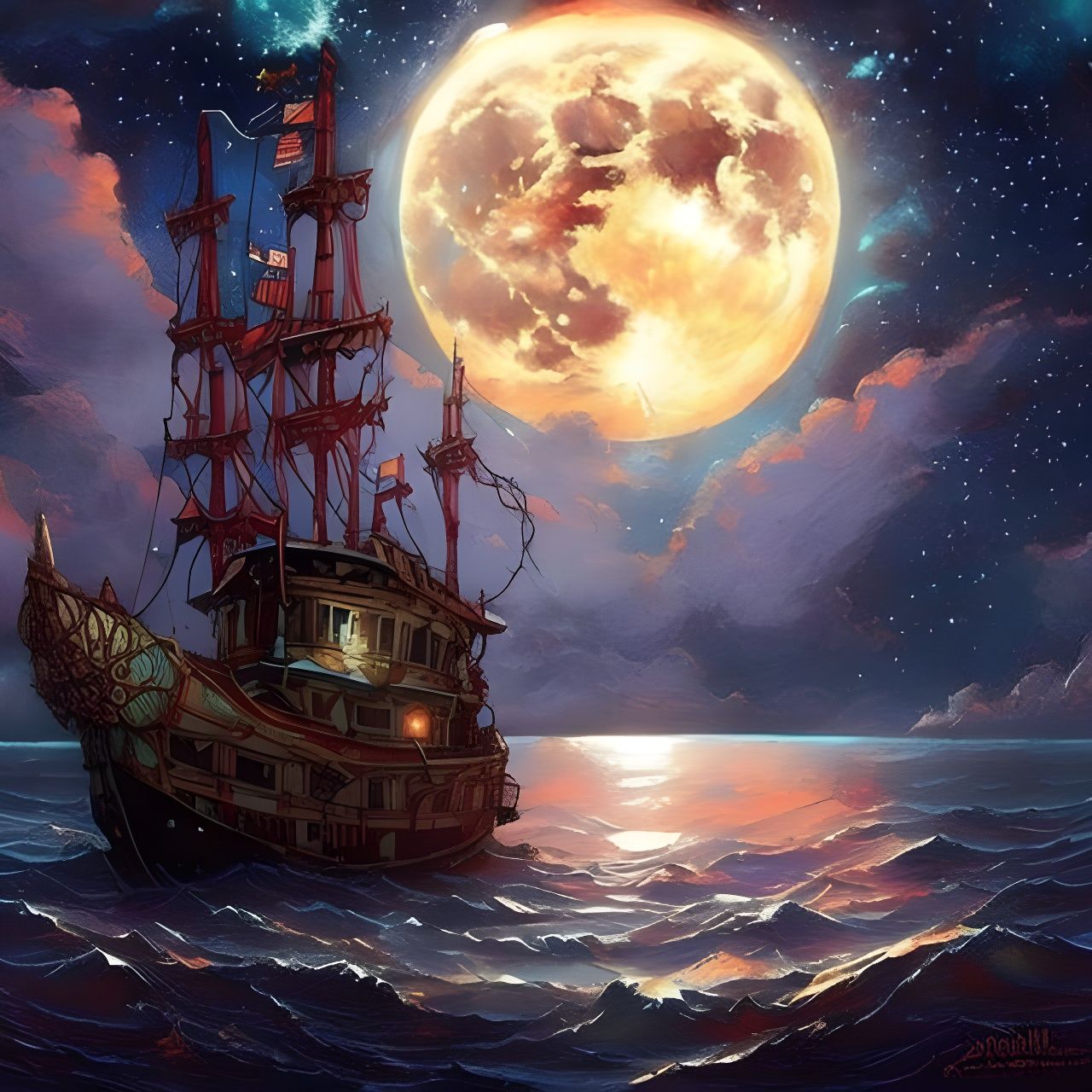 Ghost Pirate Ship Under a Luminous Moon