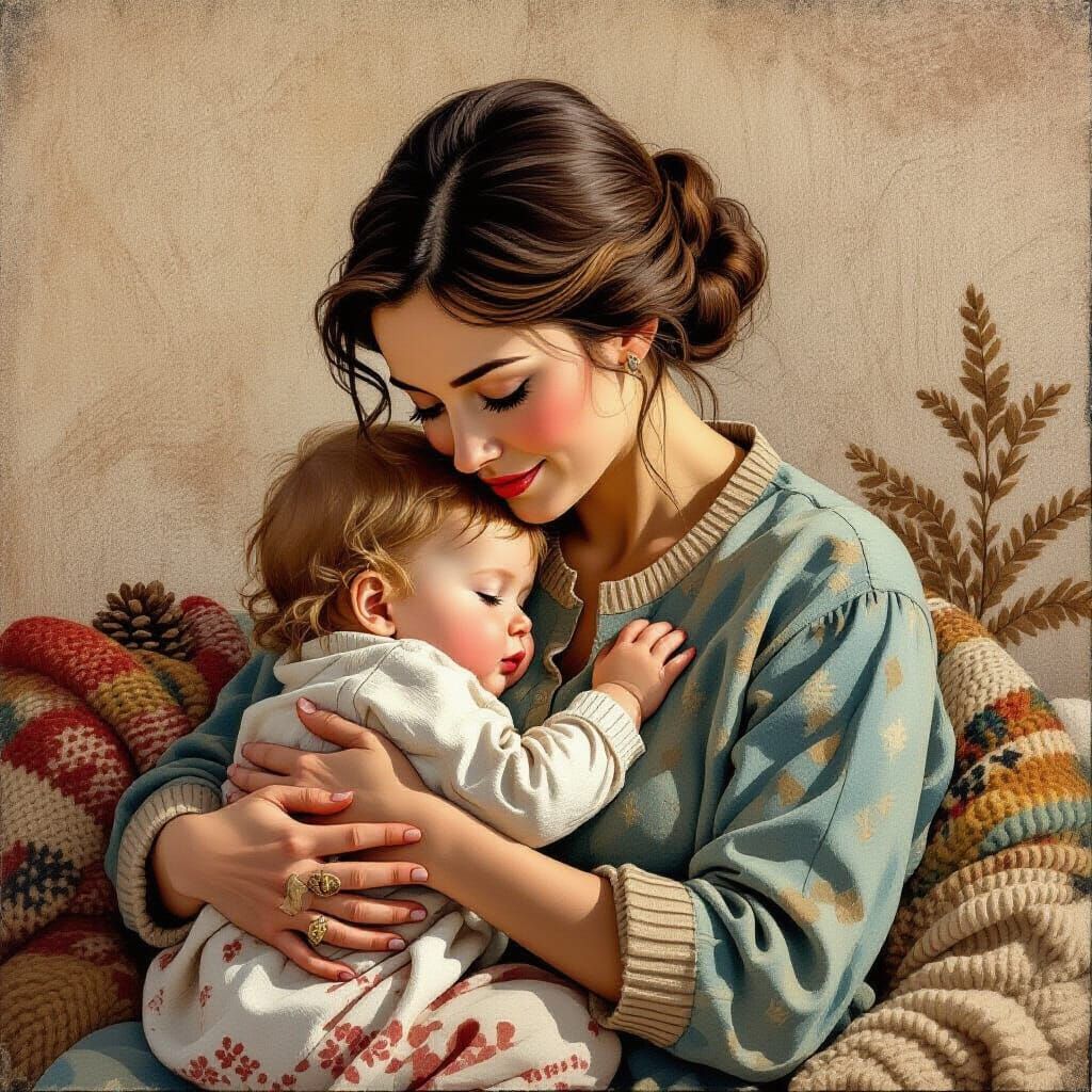Mother and Child Embrace in Woodcut Style