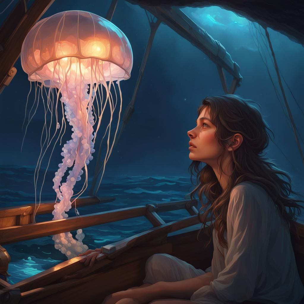 Bioluminescent Jellyfish at Night: Hyperdetailed Concept Art