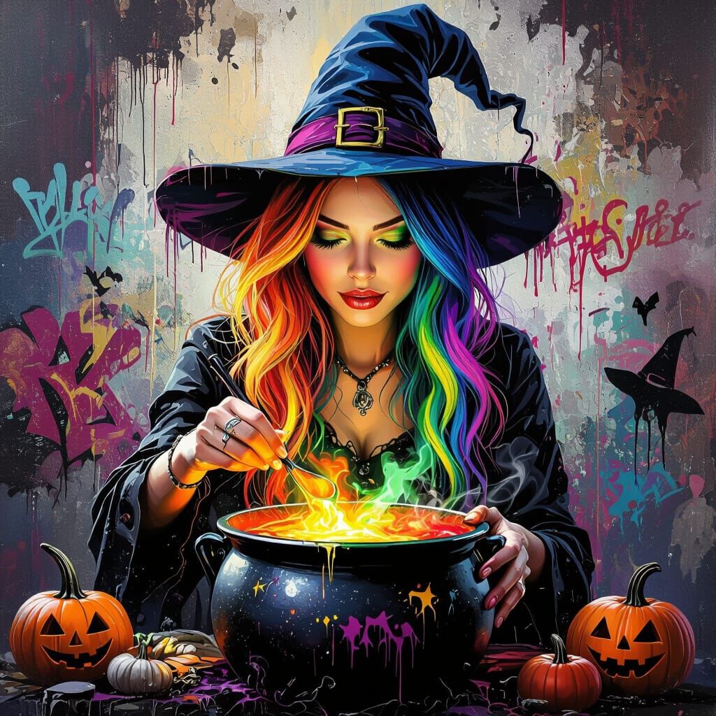 Rainbow Witch Stirring Cauldron in Graffiti Art Style