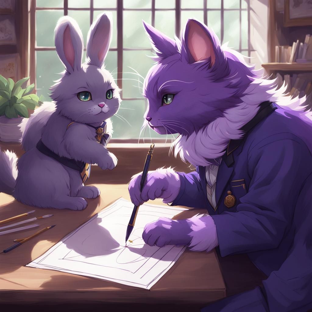 Professor Purple Fluffy Cat teaching a rabbit how to draw a picture By artist "anime", 3d anime art, inspired by WLOP, A...