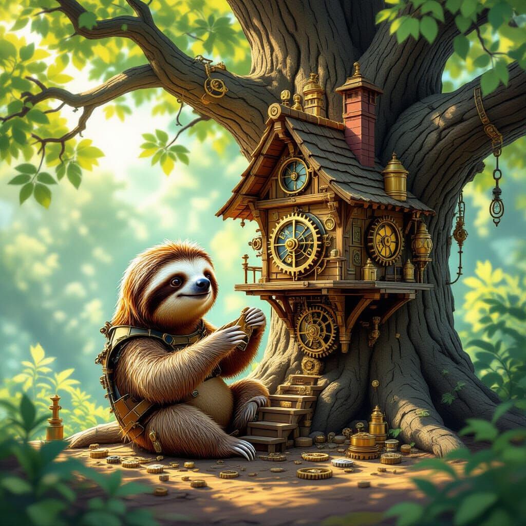 Steampunk Sloth Builds Clockwork Treehouse in Ancient Oak