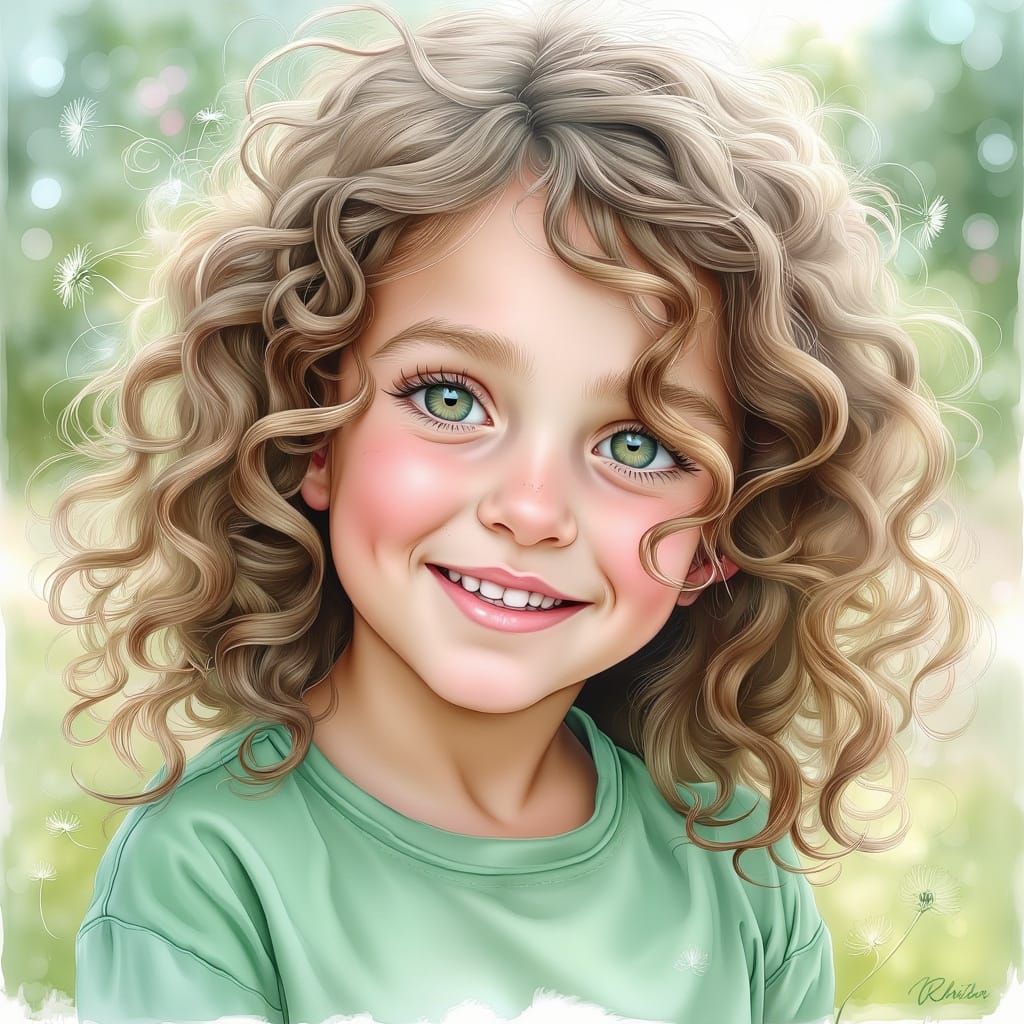 Girl with Dandelions in Watercolour Acrylic Style