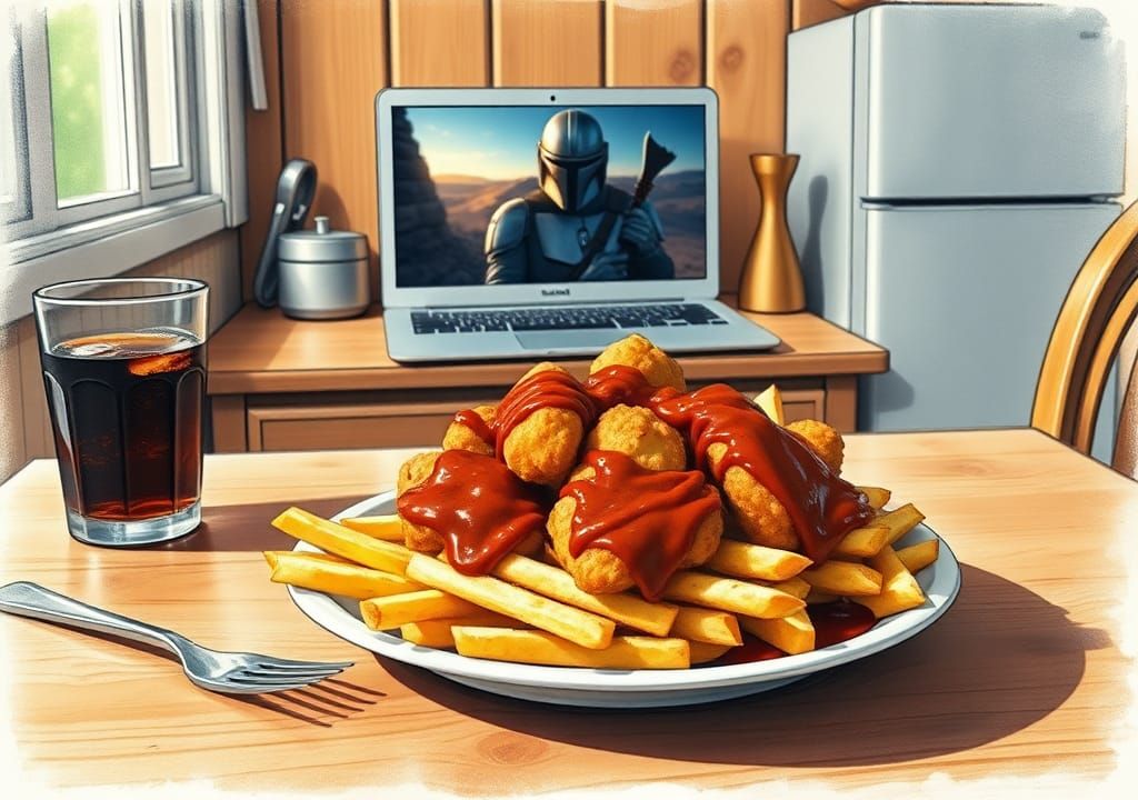 Chicken Nuggets and Fries as Chalk Sketch Art