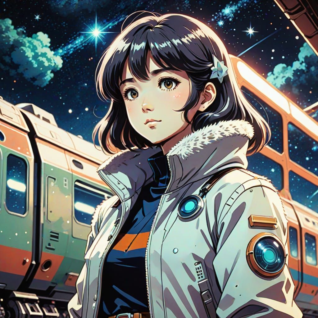 Anime Woman Beside Space Train in Vintage Style