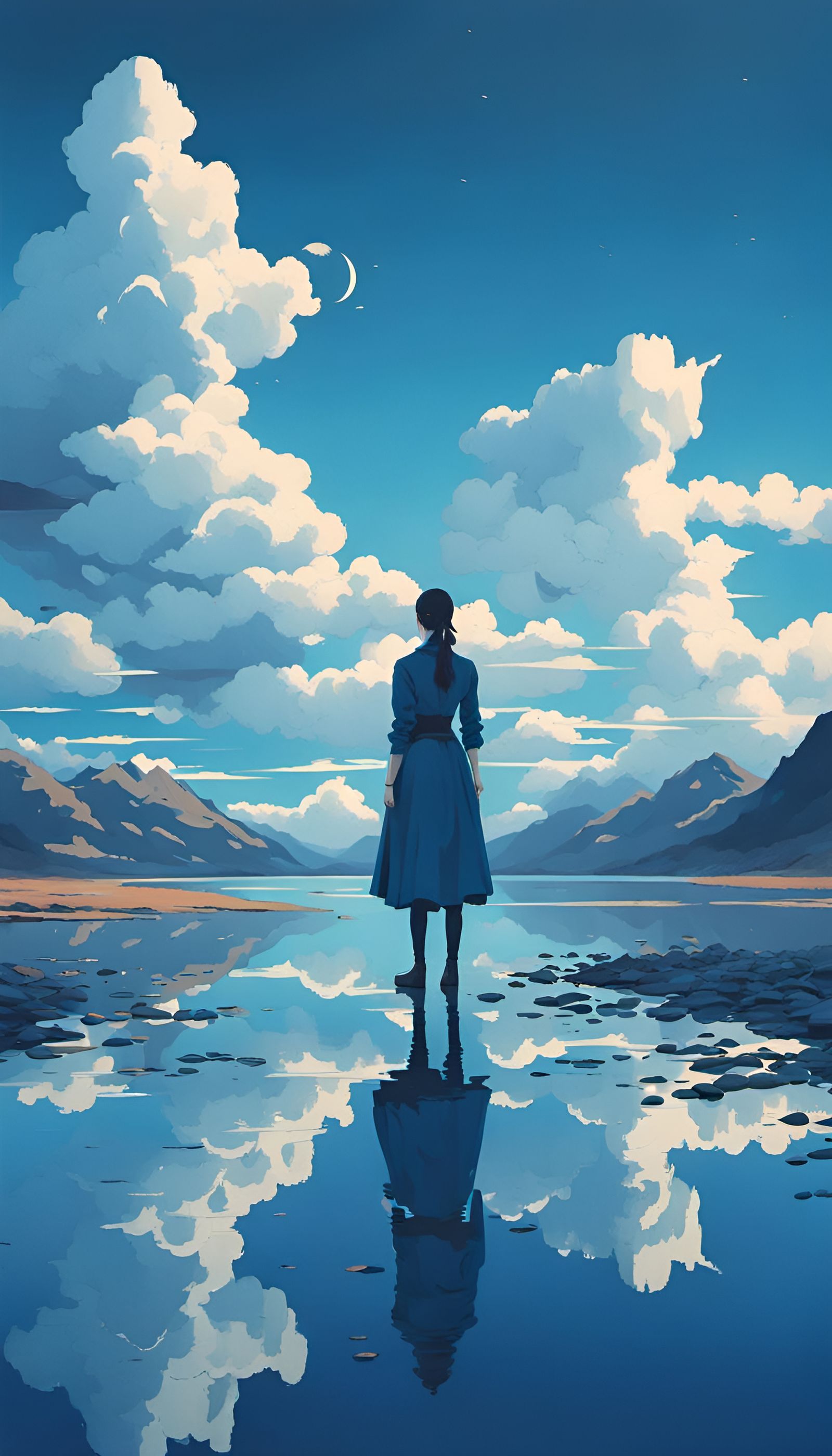 Fantasy Girl Reflects on Still Lake, Yoshitaka Amano Style