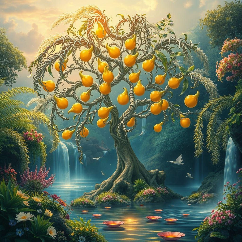 Ethereal Garden of Eden with Shimmering Apples and Radiant E...