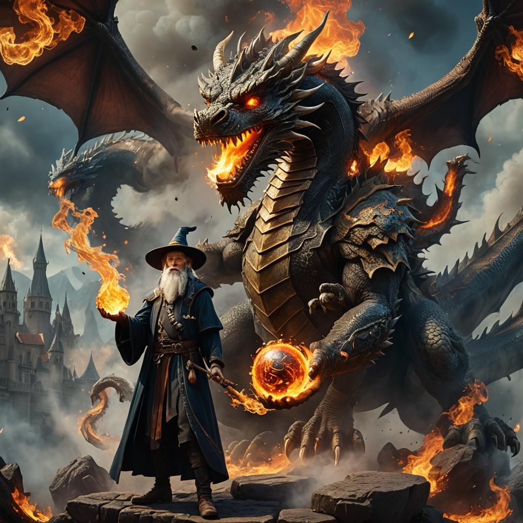 Wizard Conjures Fire Dragon: Fantasy Concept Art