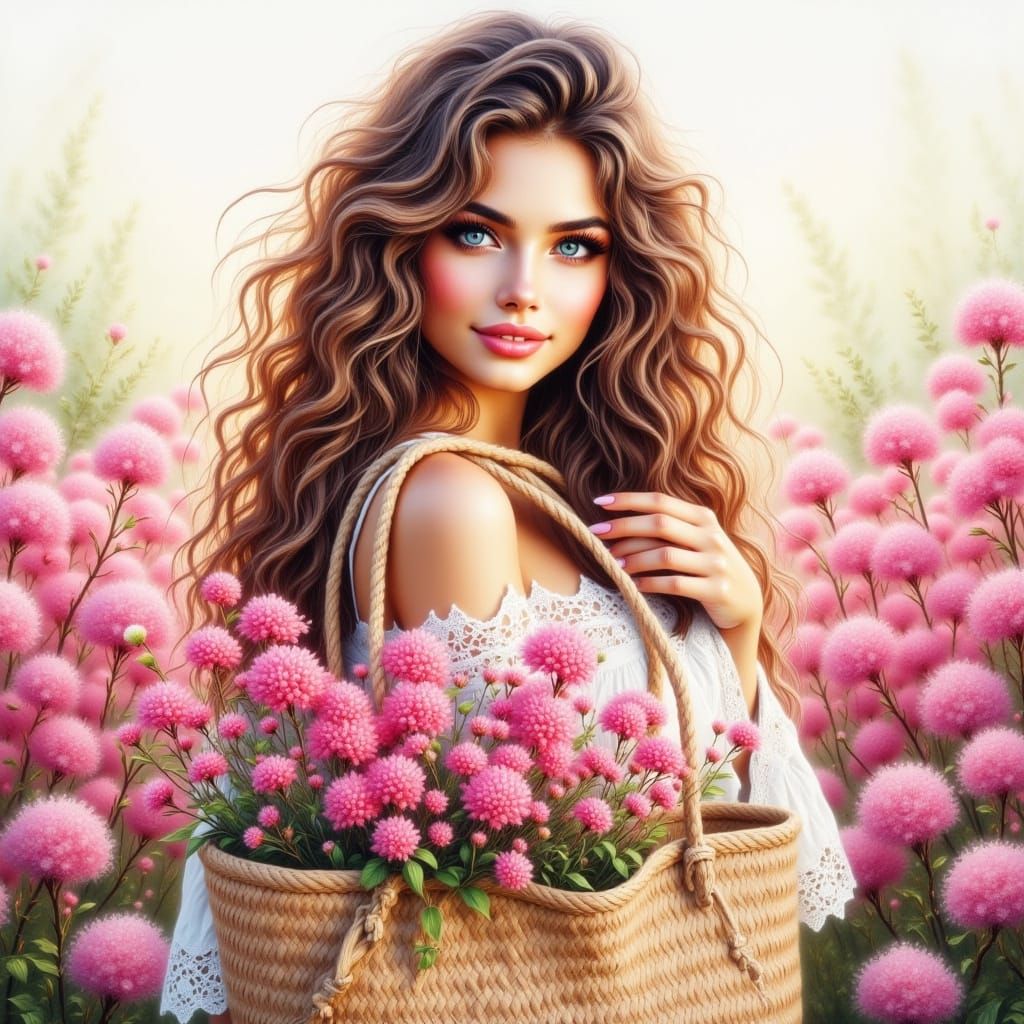 Woman with Fireweed Flowers as Digital Art