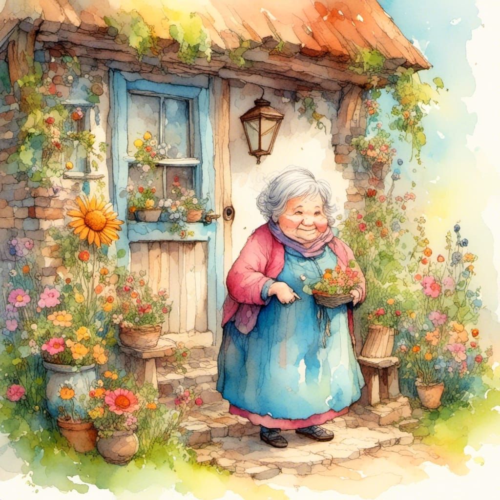 Chibi Grandma at Cottage in Vintage Fairytale Style