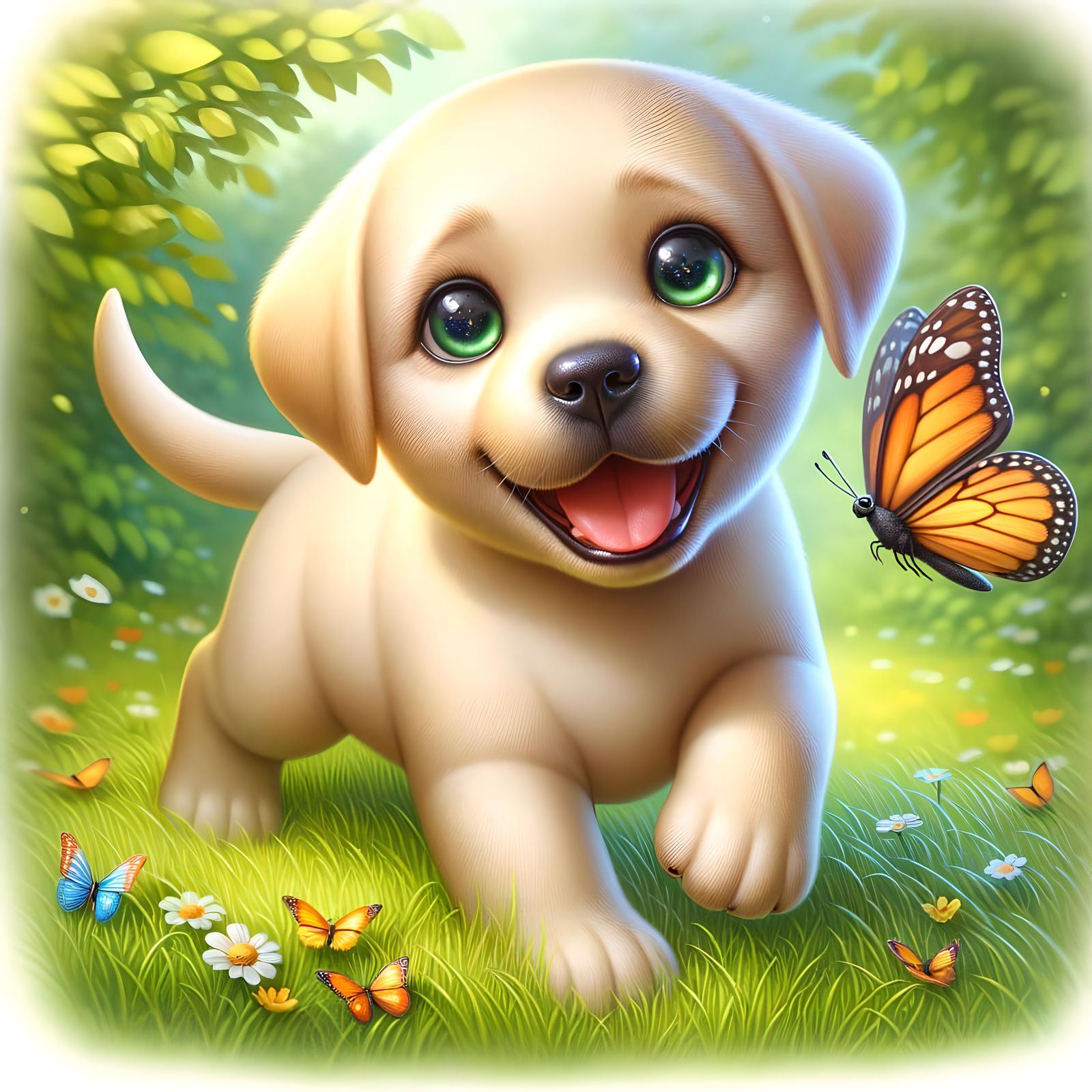 Labrador Puppy's Joyful Meadow Frolic: 3D Watercolor Paintin...