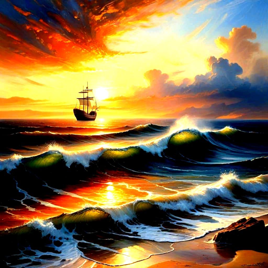 Atmospheric Coastline at Sunset, Photorealistic Style