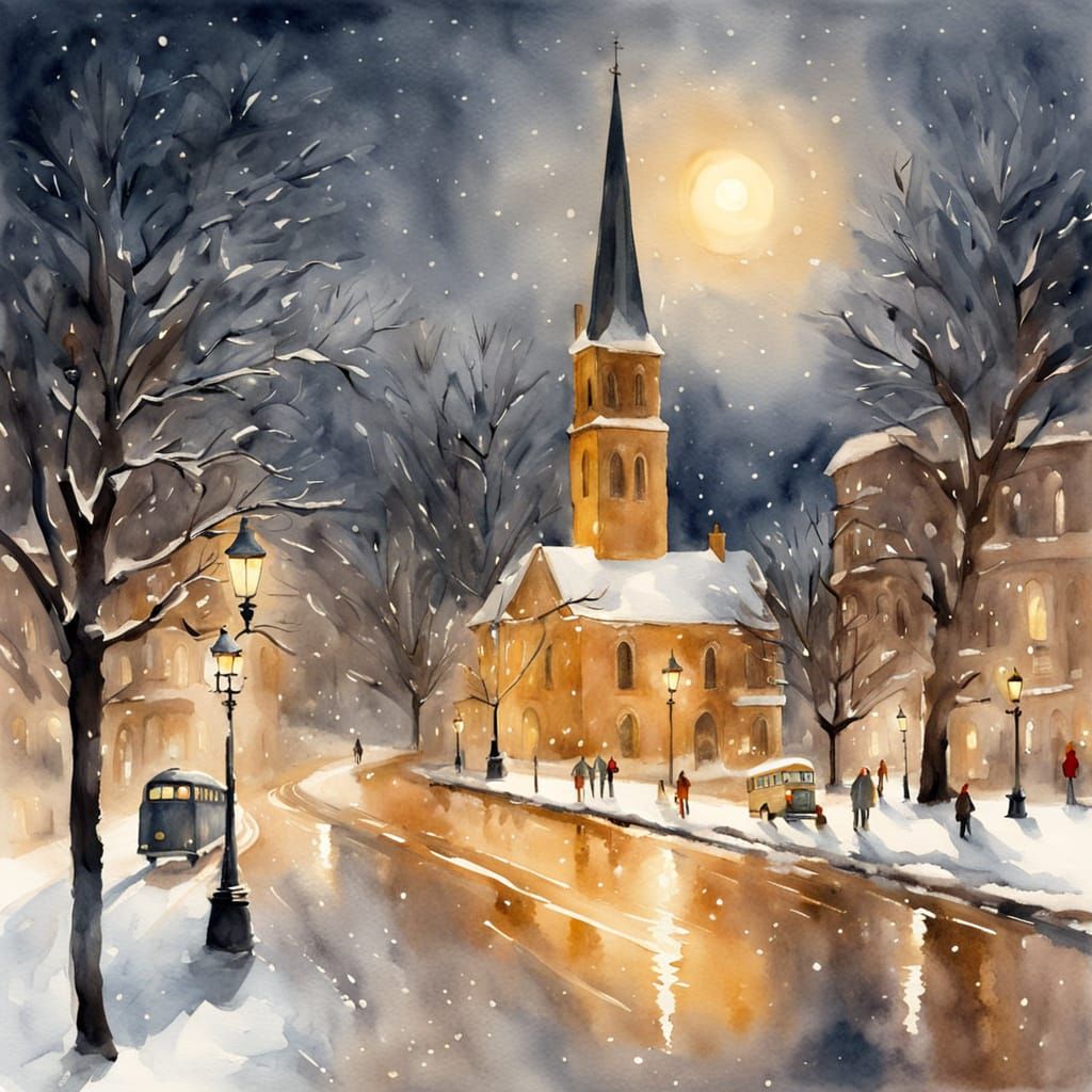 Snowy Town Square at Night: A Watercolor Painting