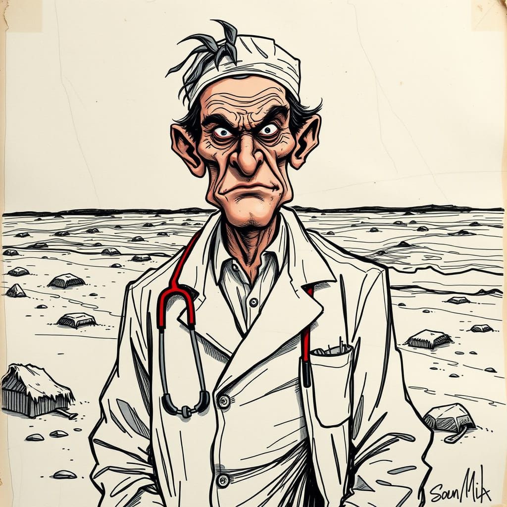 Sinister Surgeon Caricature on a Beach