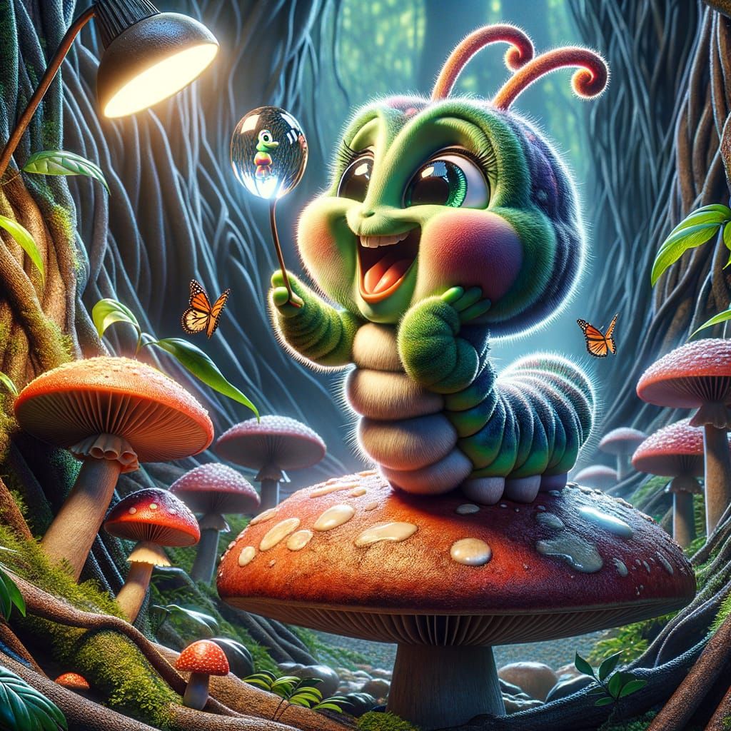 Excited Caterpillar's Forest Walk in Hyperrealistic Style