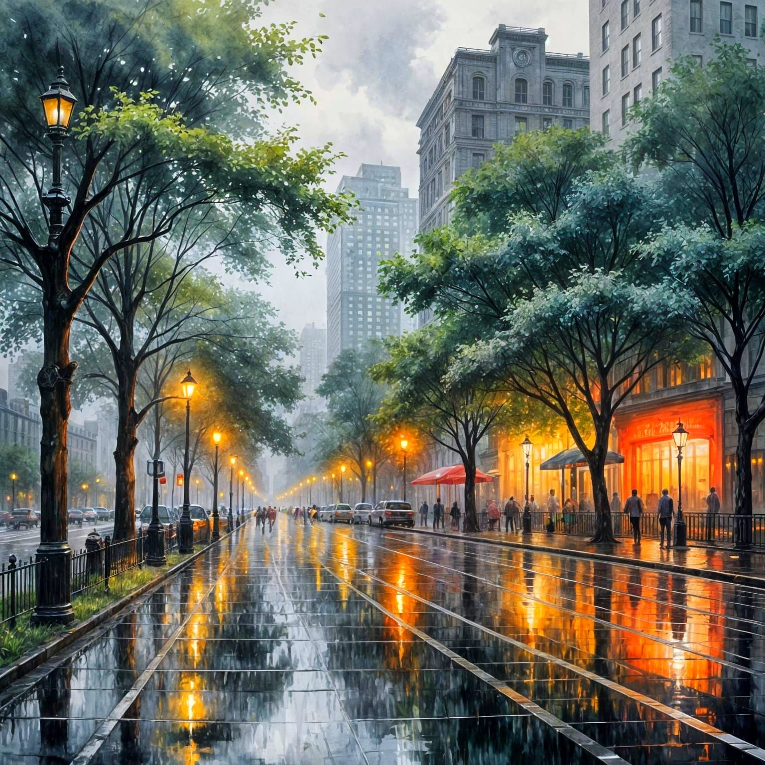 Vibrant Rainy City Park in Watercolor