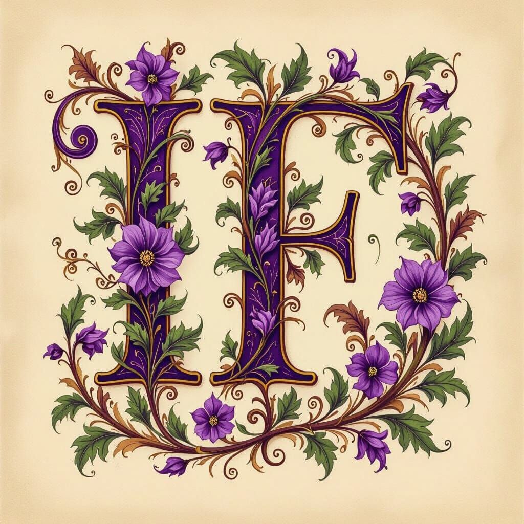 Victorian Illuminated Letters IF in Purple, Brown, and Green