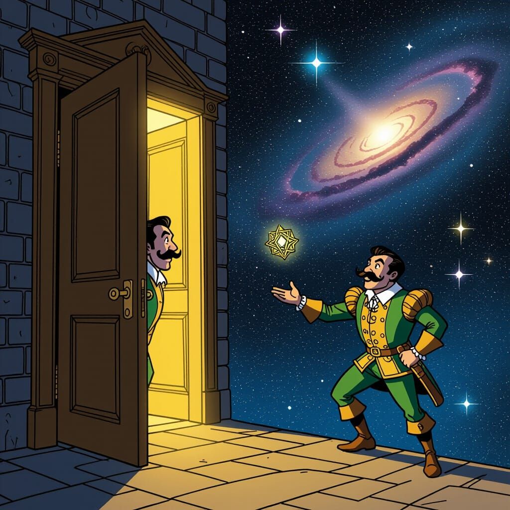 Fantasy Comic: Gentleman Gazing from Doorway in Space