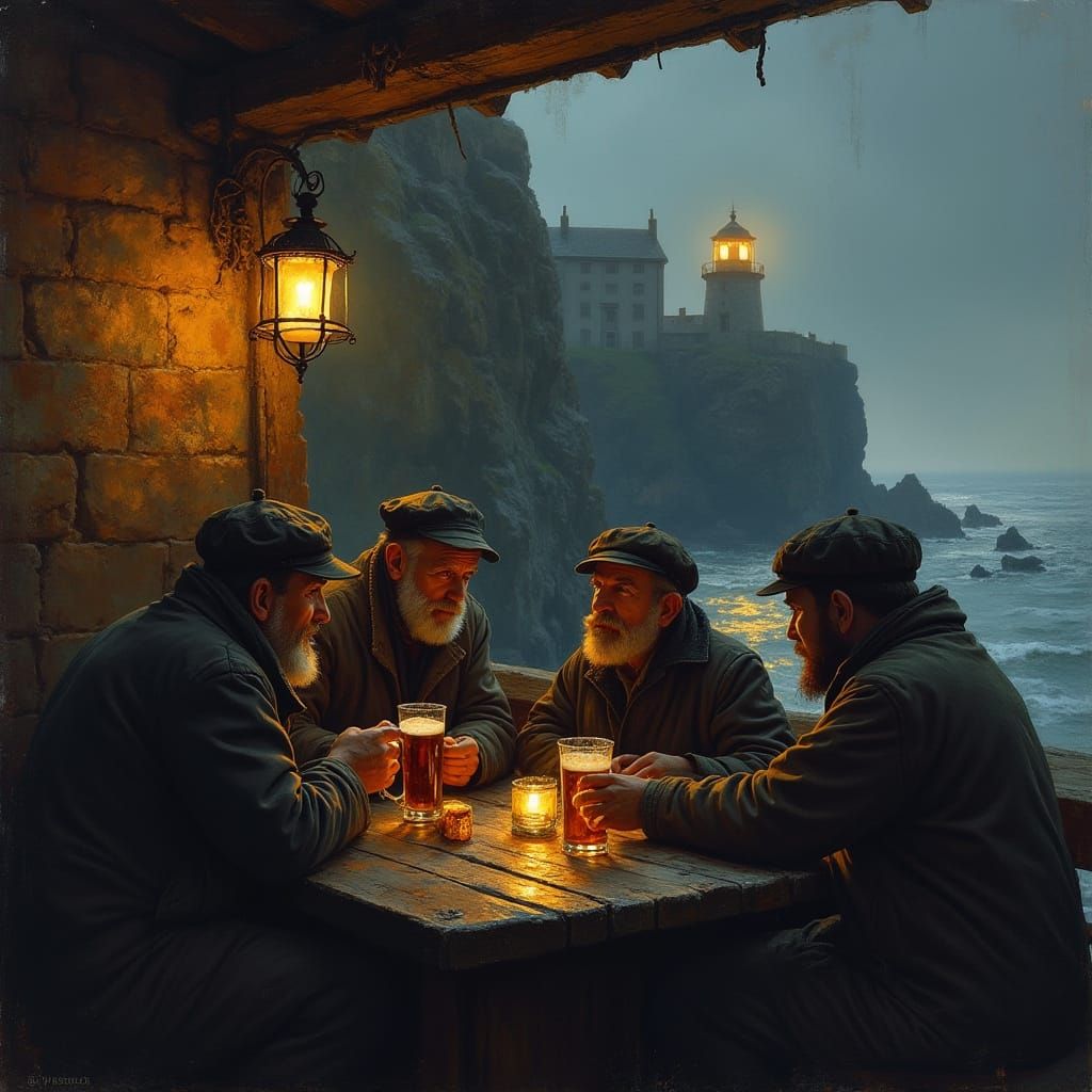 Fishermen in Coastal Pub with Moody Lighting