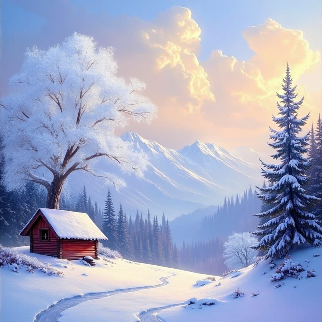 Cozy Mountain Cabin Oil Painting