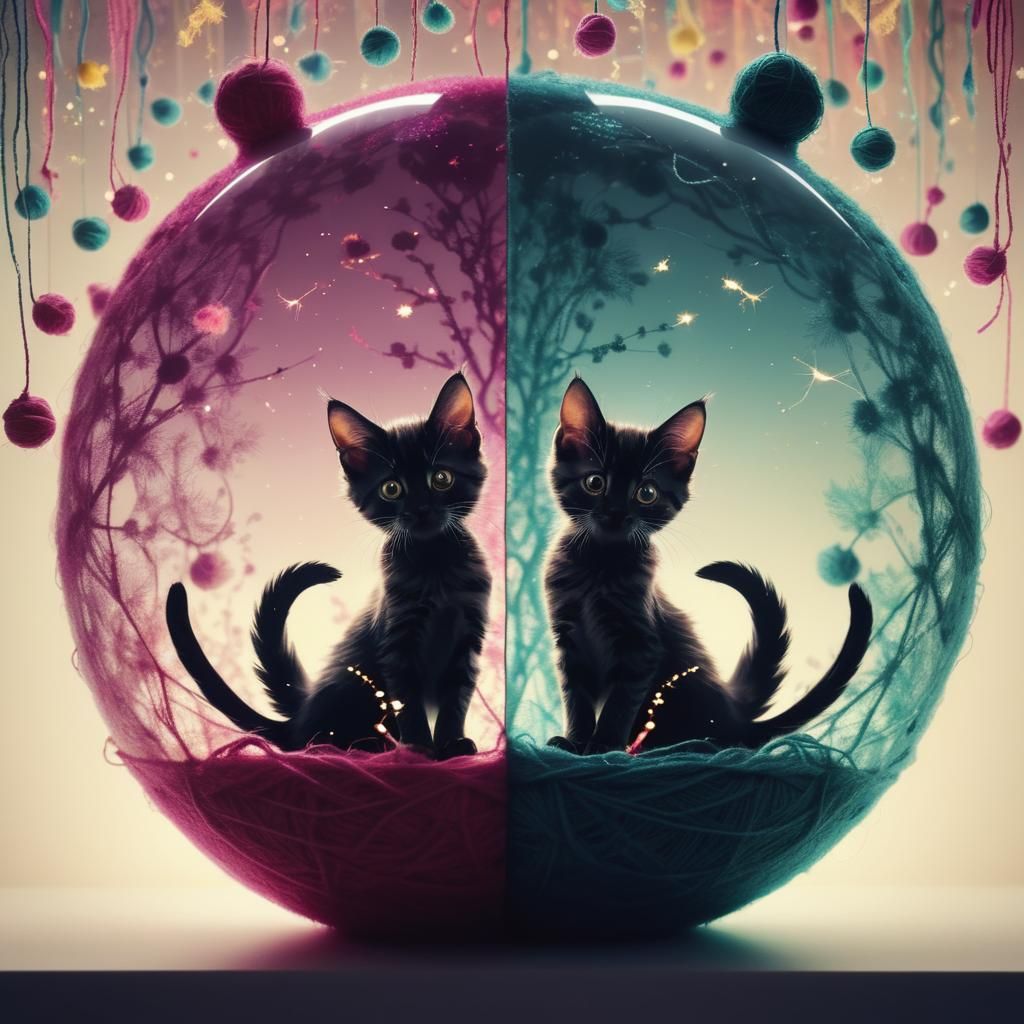 Playful Kittens in Kawaii Style Double Exposure