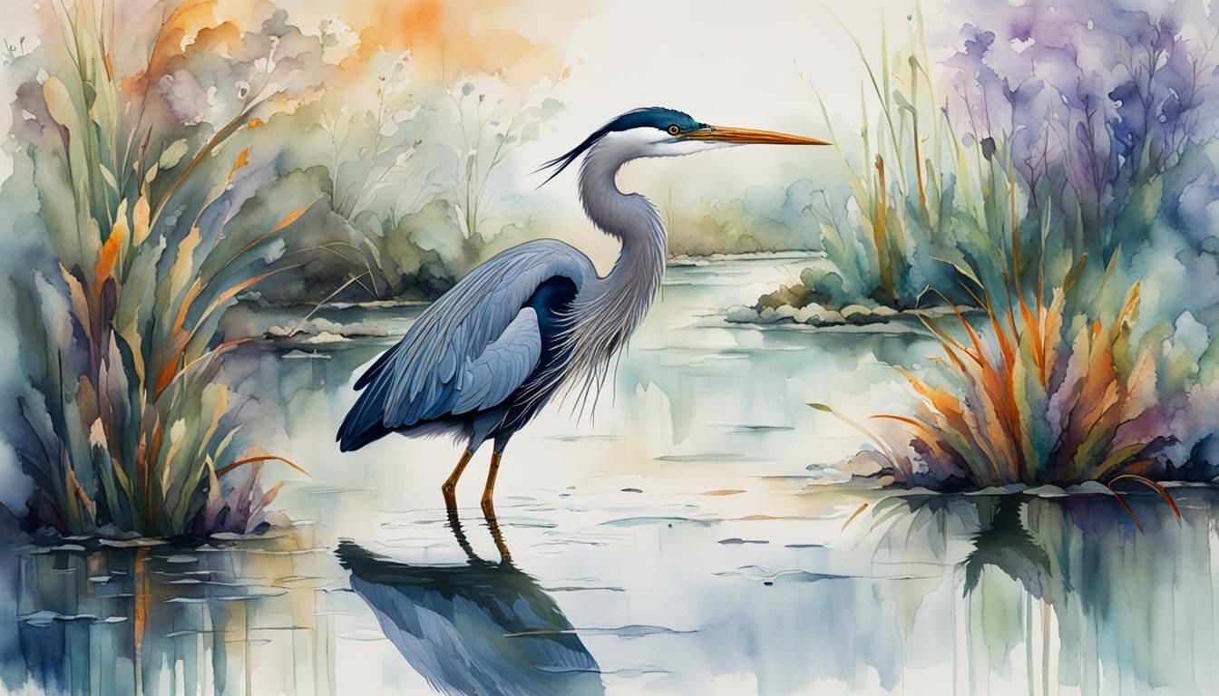 Whimsical Heron in Asian-Themed Marsh Landscape