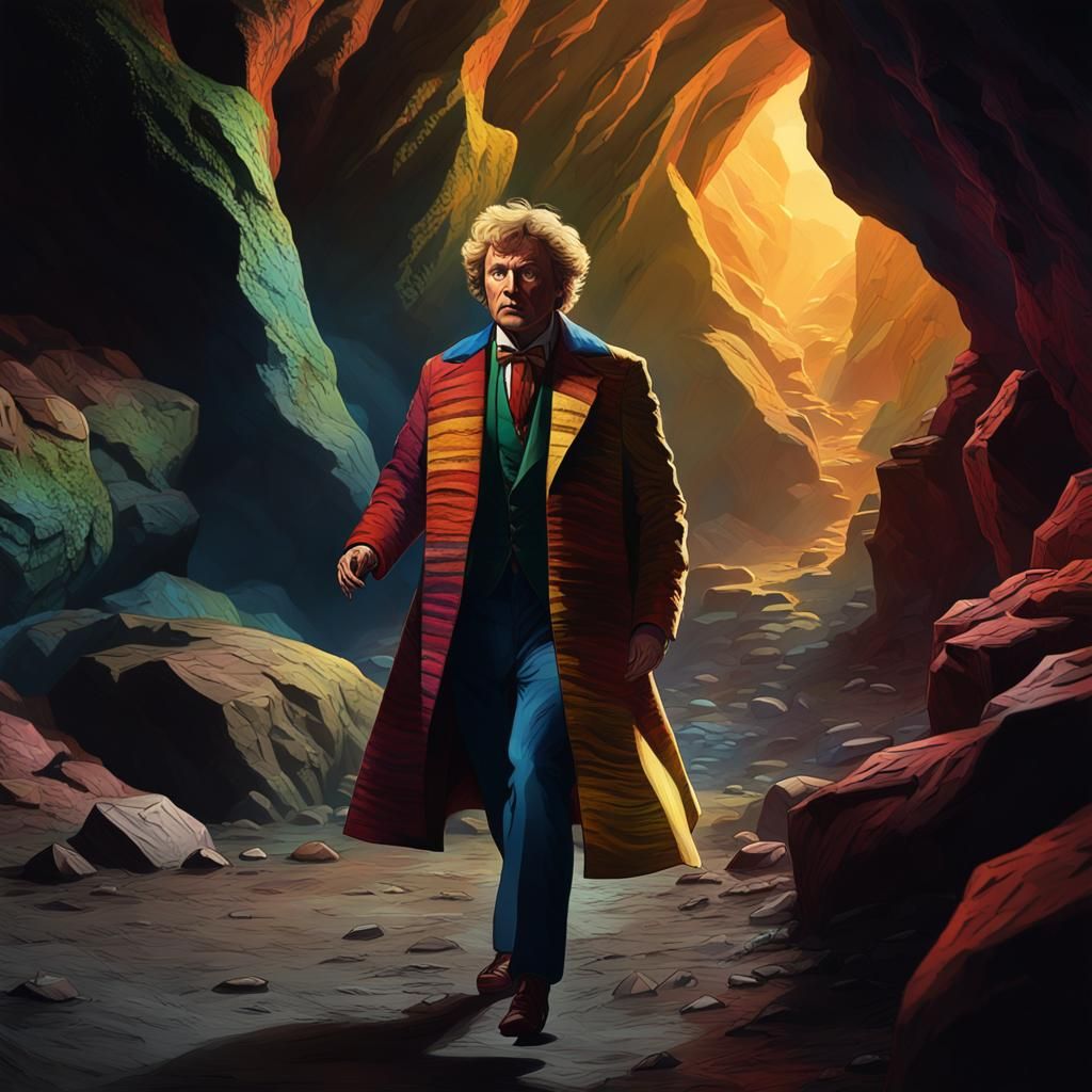 Sixth Doctor Runs Through Cave in Oil Painting Style
