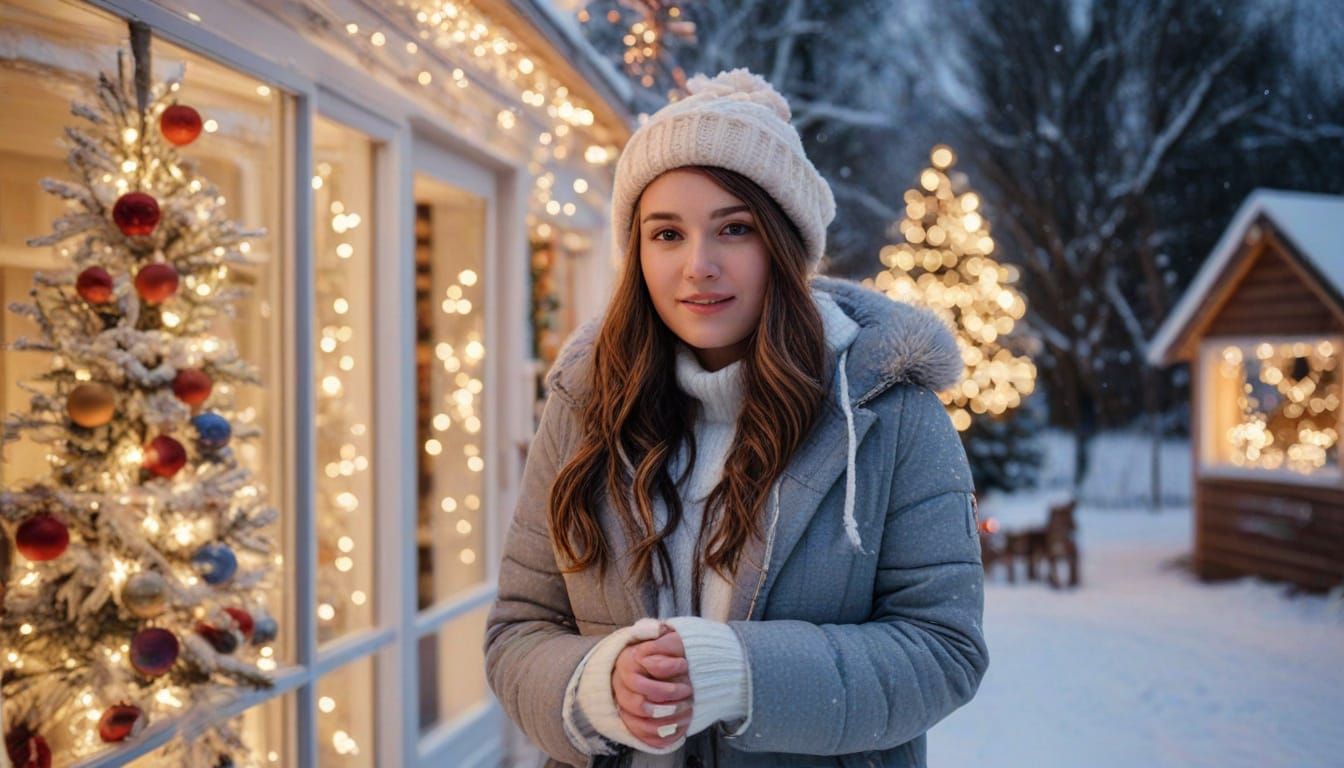 Festive Young Woman in Winter Wonderland Photo