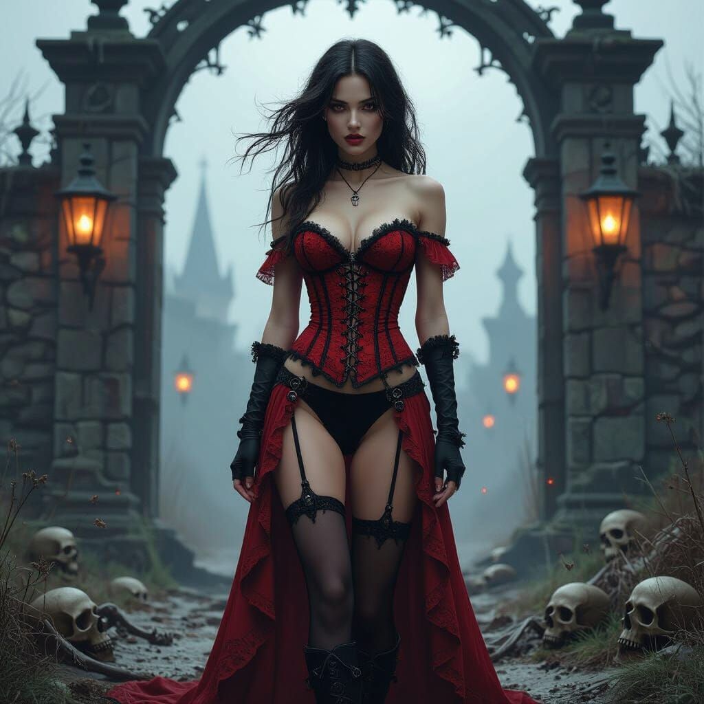 Gothic Model at Gate in Detailed Matte Painting