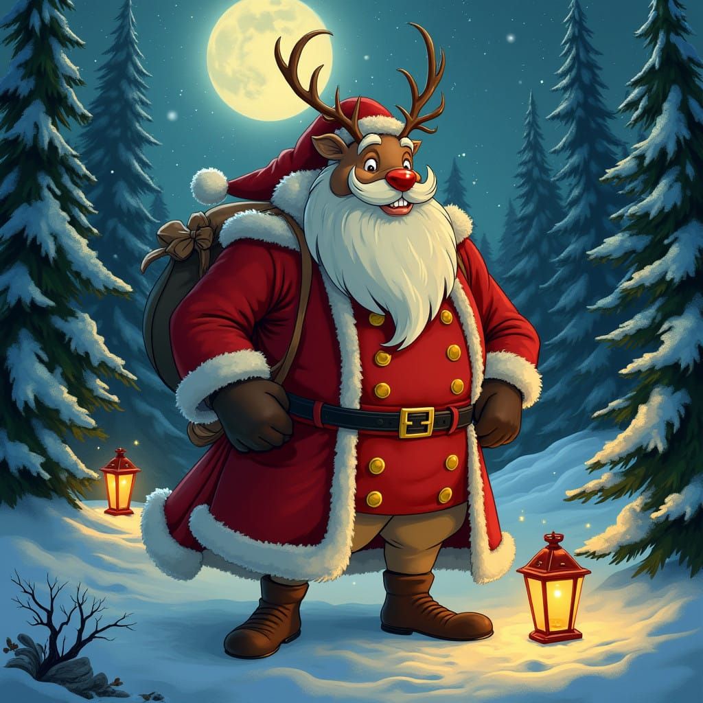 Whimsical Santa Reindeer Hybrid in Vibrant Forest