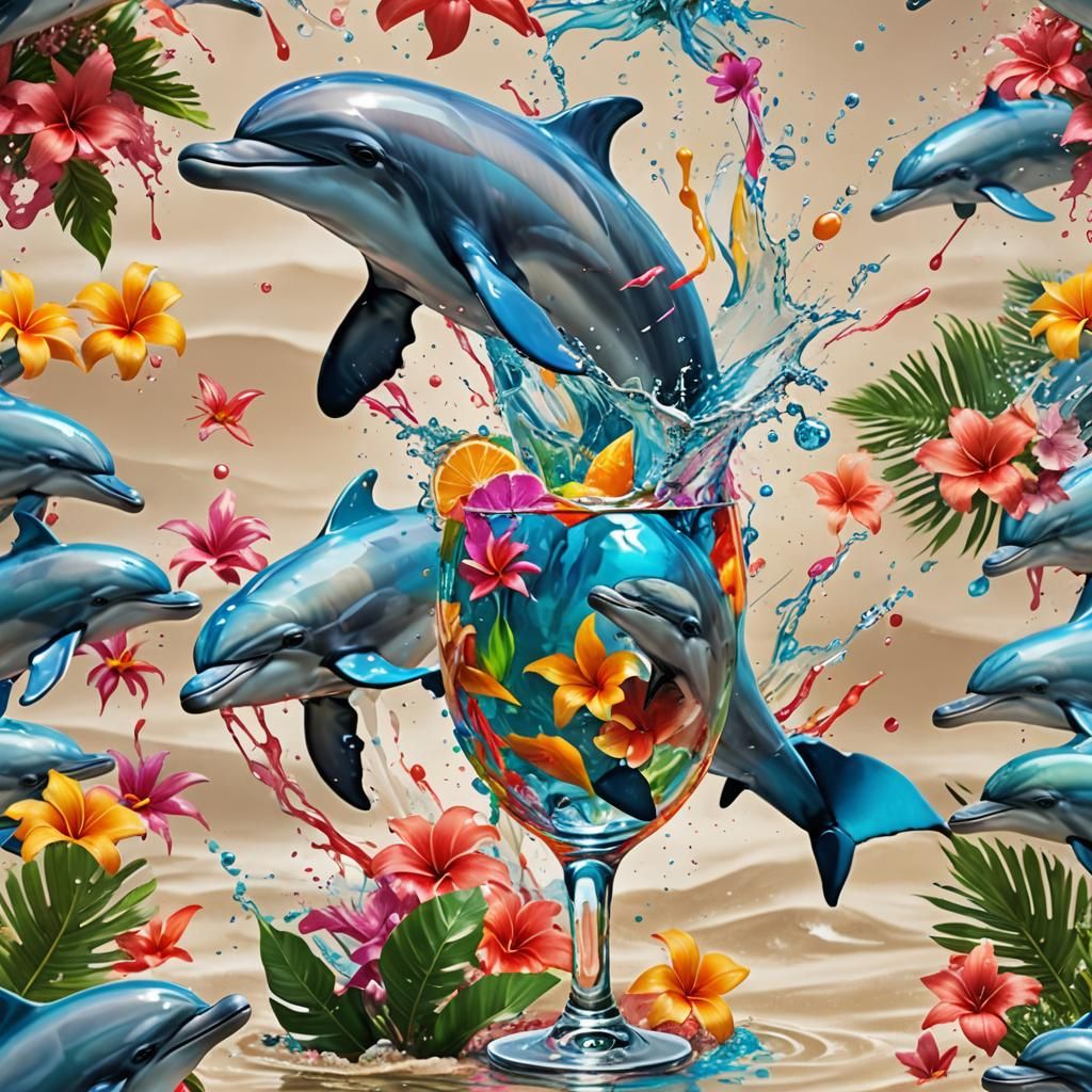 Dolphin Sipping Daiquiri on Tropical Beach as Splash Art
