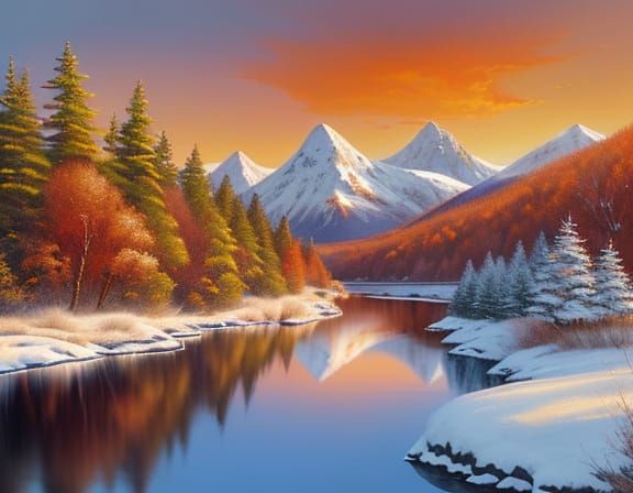 Snowy Mountain Reflection in River at Sunset Oil Painting
