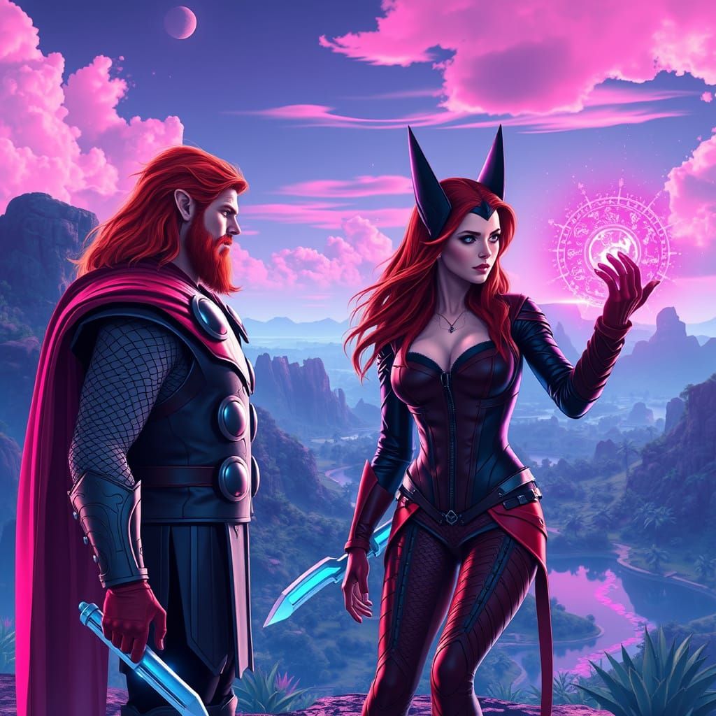 Thor and Scarlet Witch in Synthwave Paradise