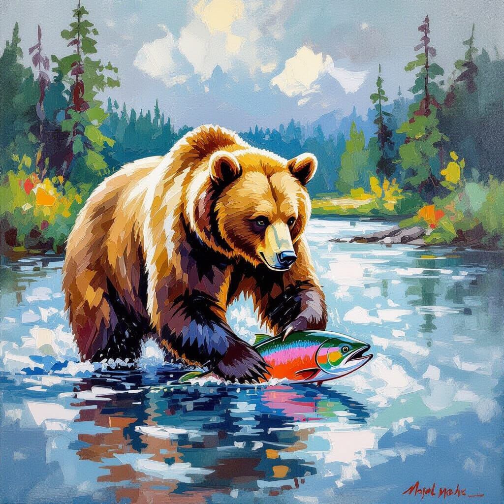 Bear Catching Salmon: Impressionist Gouache Style