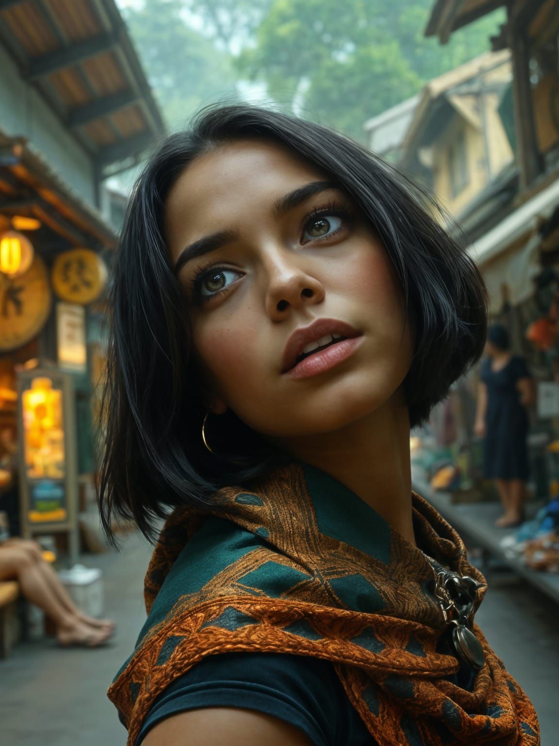 Young Black Girl with Smoldering Gaze in Fantasy Village