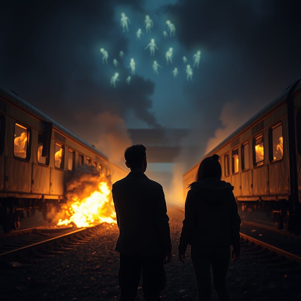 Gritty Train Crash Scene in Neon-Lit Darkness