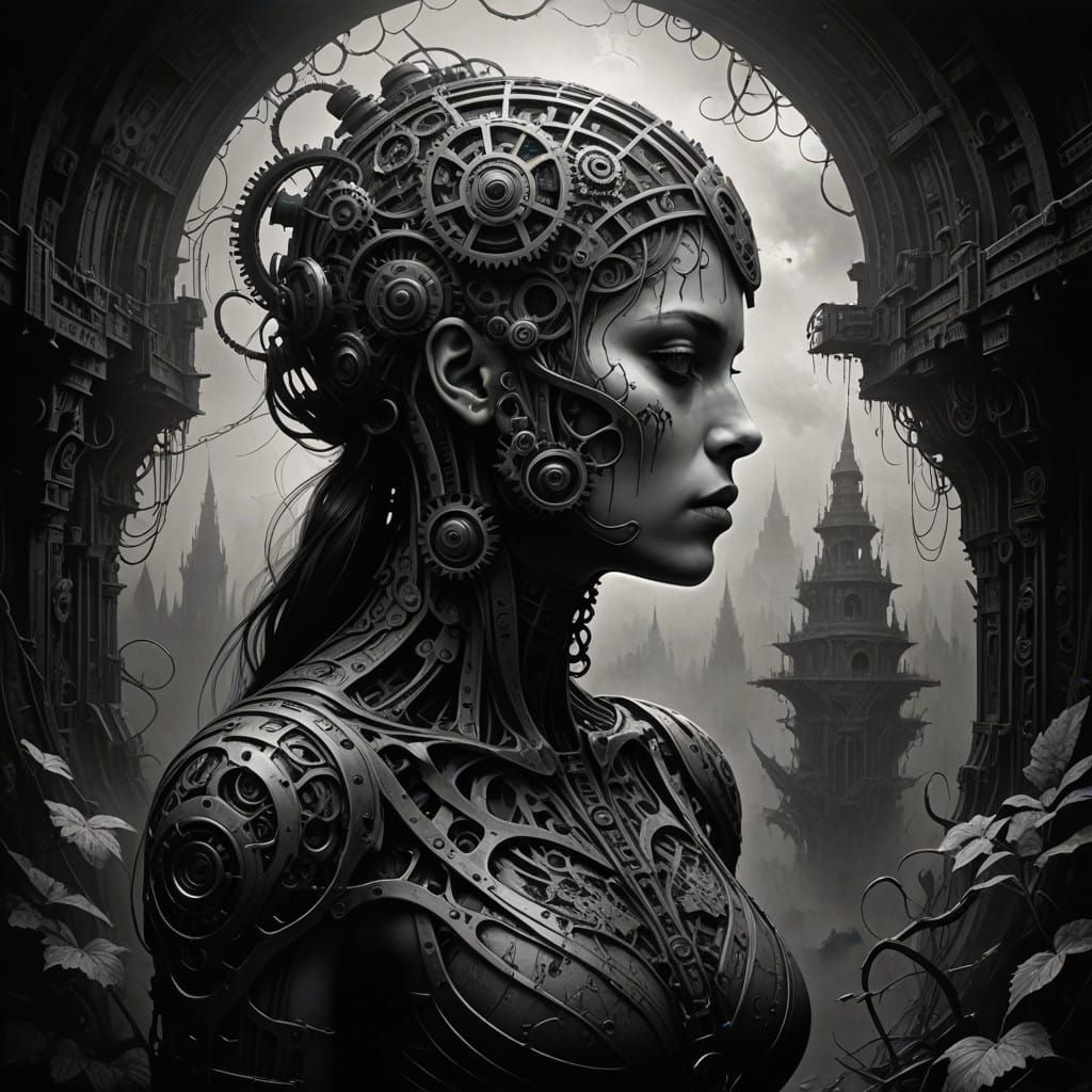 Surreal Biomechanical Tattoo Design in Realistic Black and W...