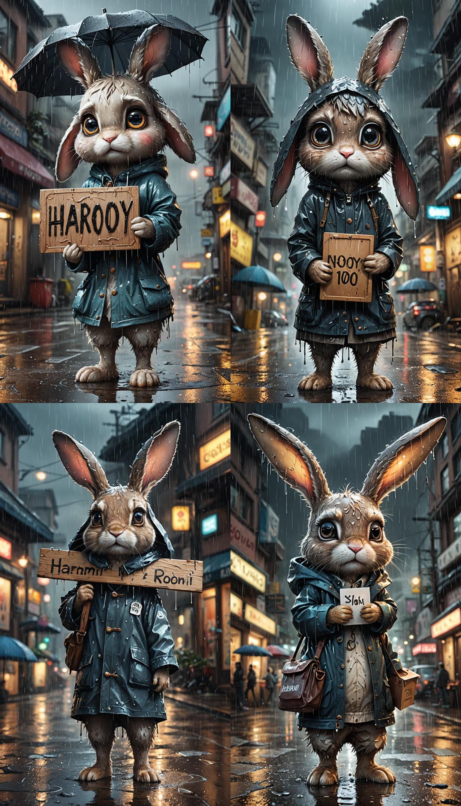 Sad Bunny in Rain: Hyperdetailed 3D Digital Art