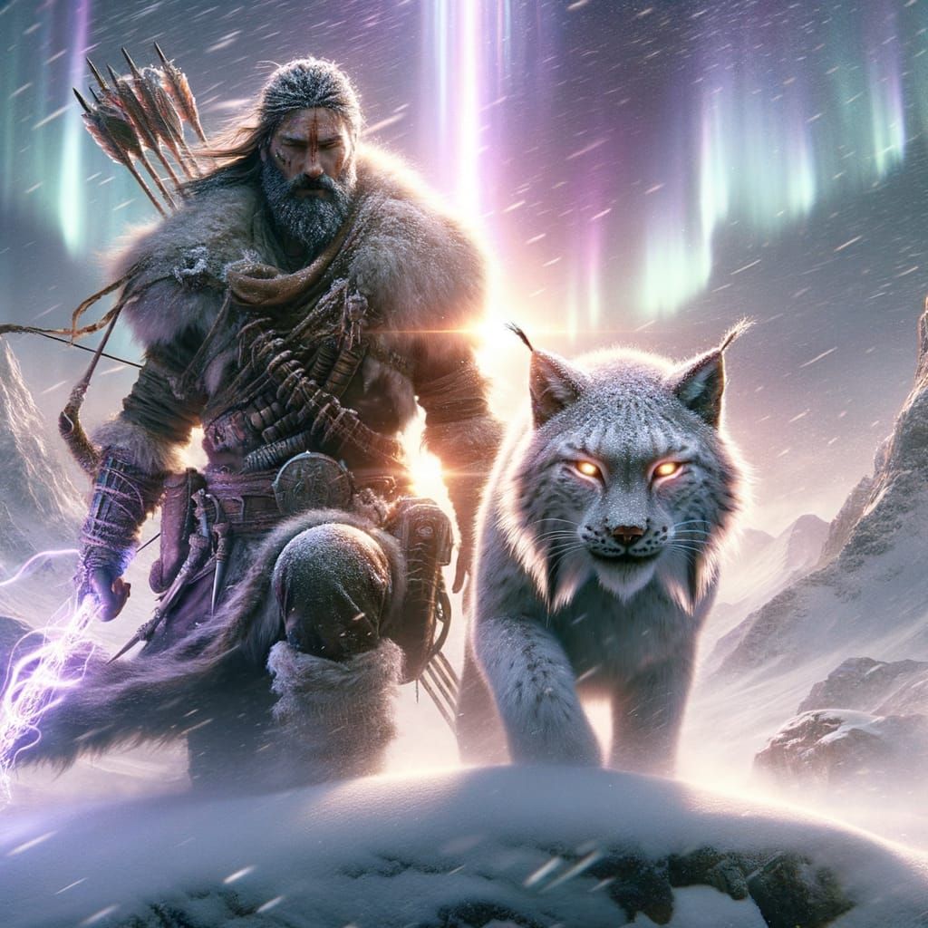 Warrior and White Lynx in Aurora Storm