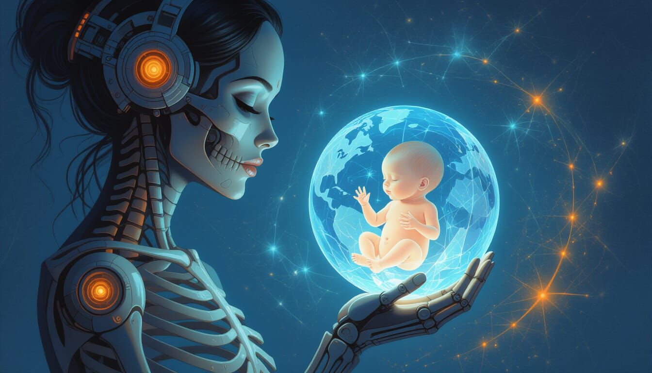 Glowing Robotic Woman Holding Hologram Baby Crystal Ball