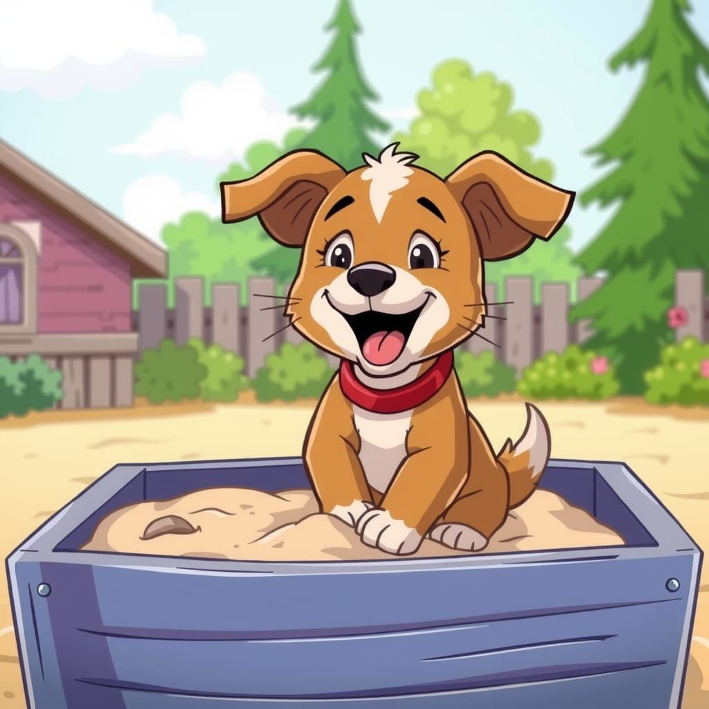 Excited Puppy Plays in Sandbox, Cartoon Style