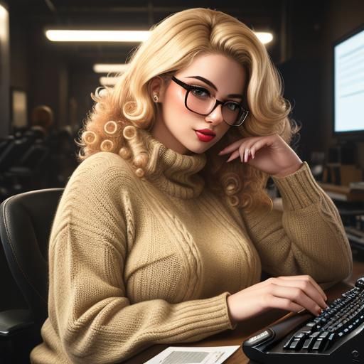 Retro Pinup Girl Working on Vintage Computer