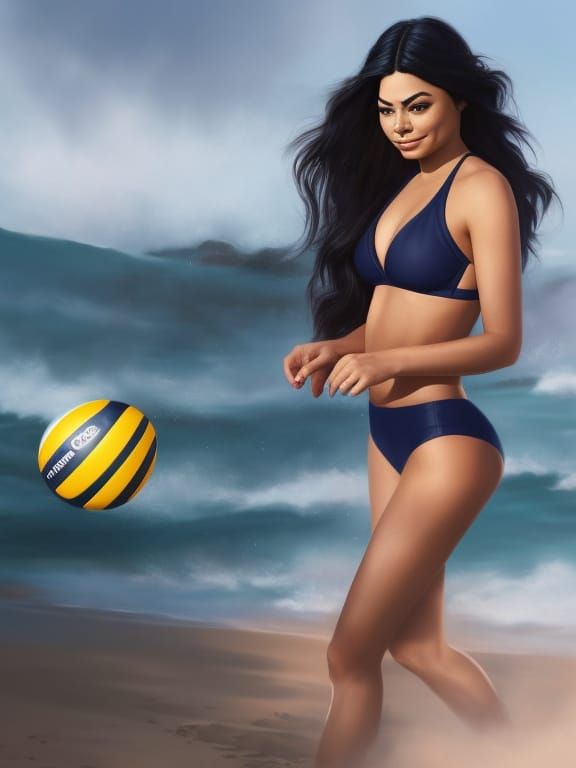 Volleyball Beach Game in Hyperrealistic Action Painting Styl...