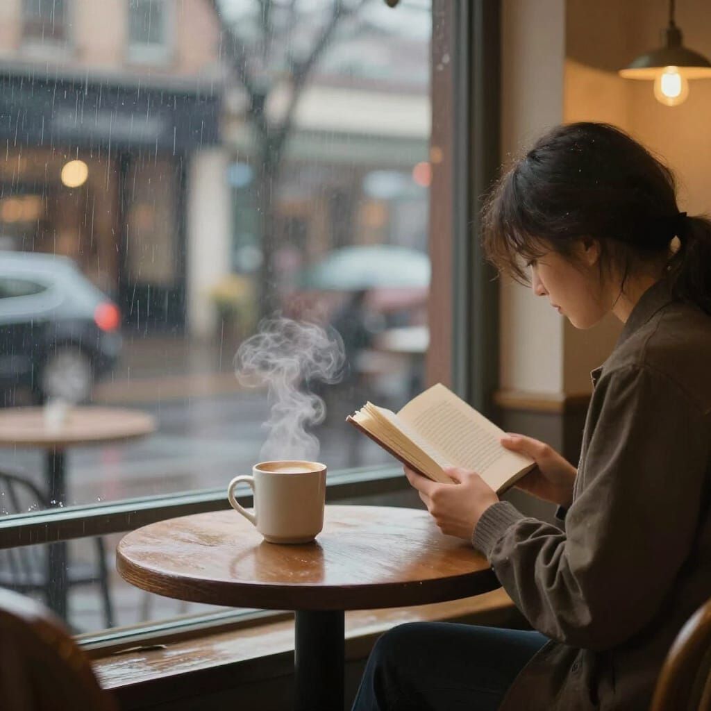 Cozy Coffee Shop in Gentle Rain, Painterly Style