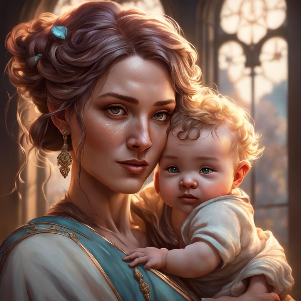 Loving Mother and Baby Portrait in Hyperdetailed Style