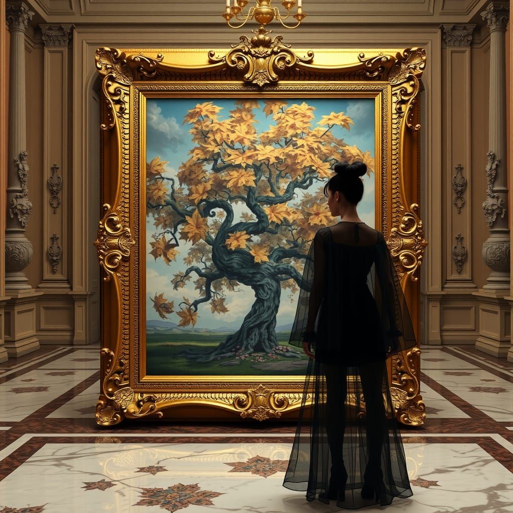 Surreal Tree in Gilded Frame, Museum Gallery Setting