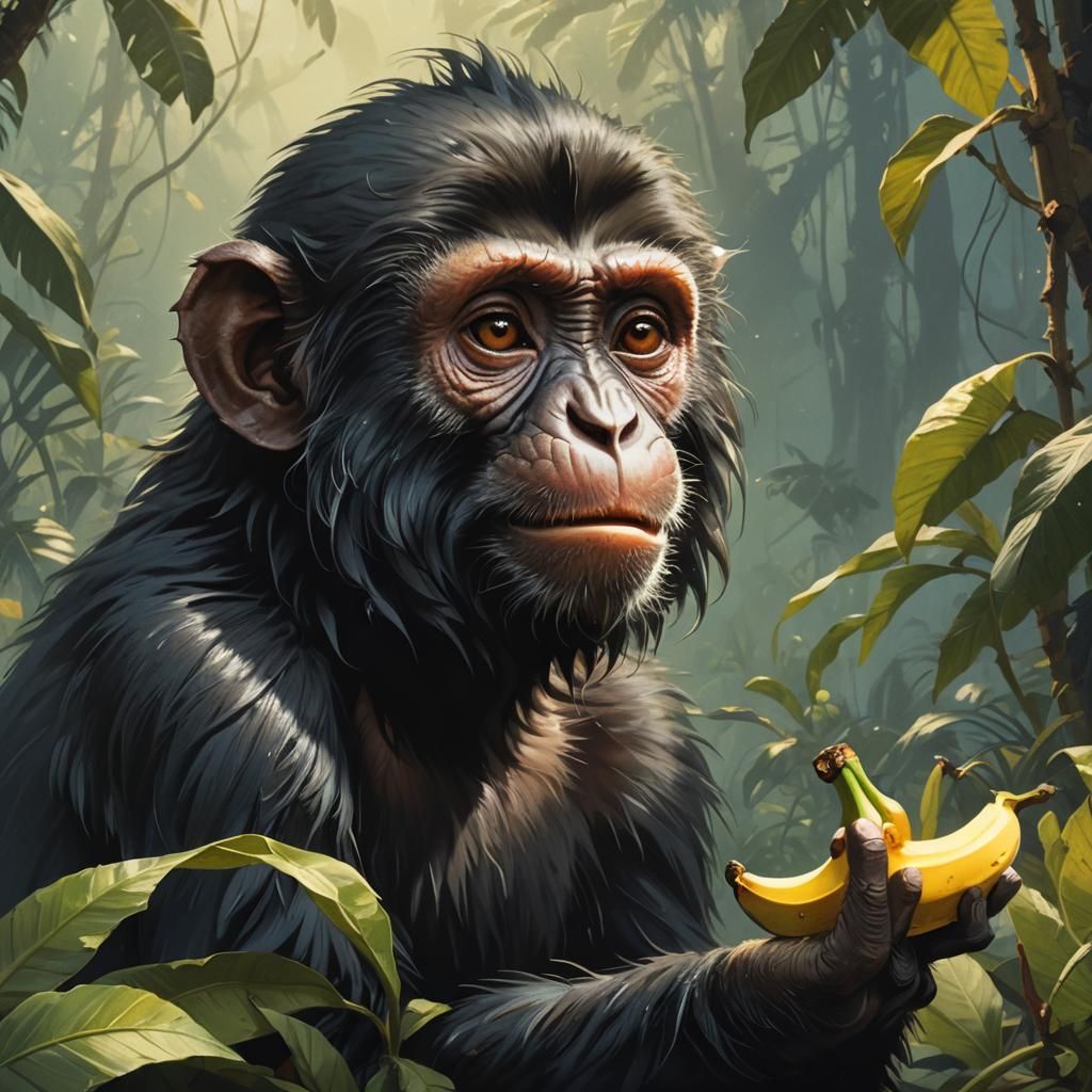 Cute Monkey Eating Banana in Fantasy Realism
