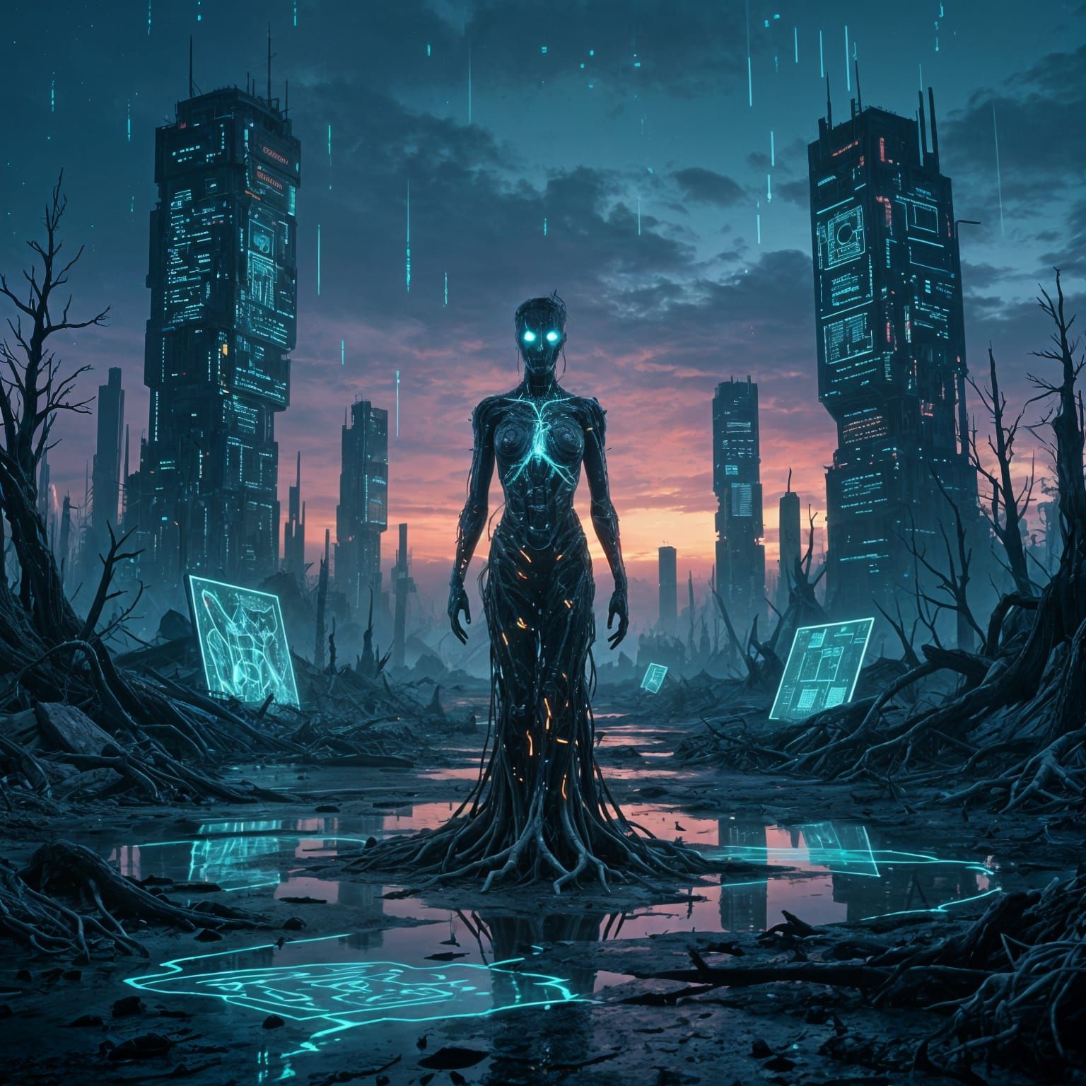 Bioluminescent Wasteland Genesis with Ethereal Figure