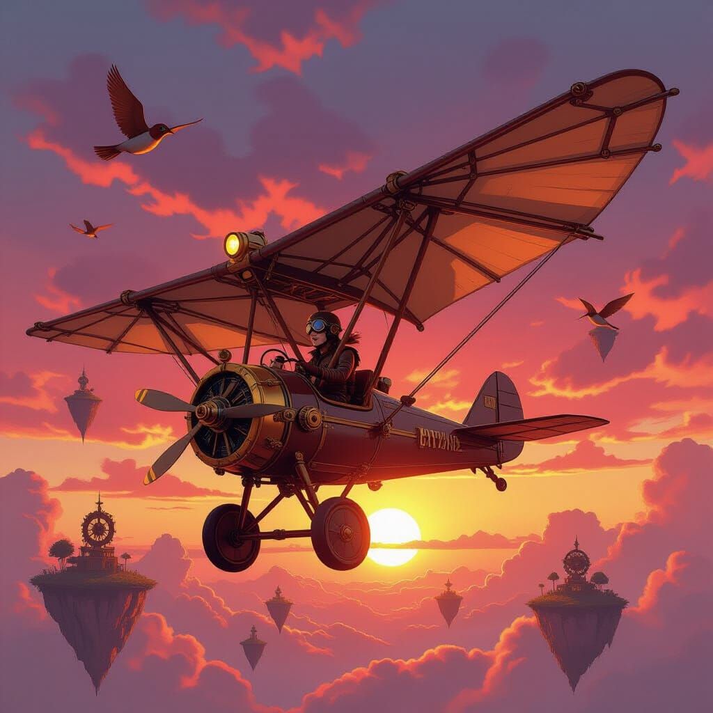 Steampunk Ornithopter Soaring Through Crimson Sunset